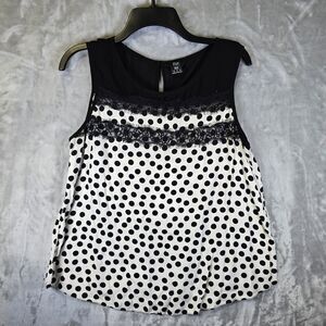 F&F Sleeveless Tank Top Blouse 12 Black White Polka Dot Lace Trim